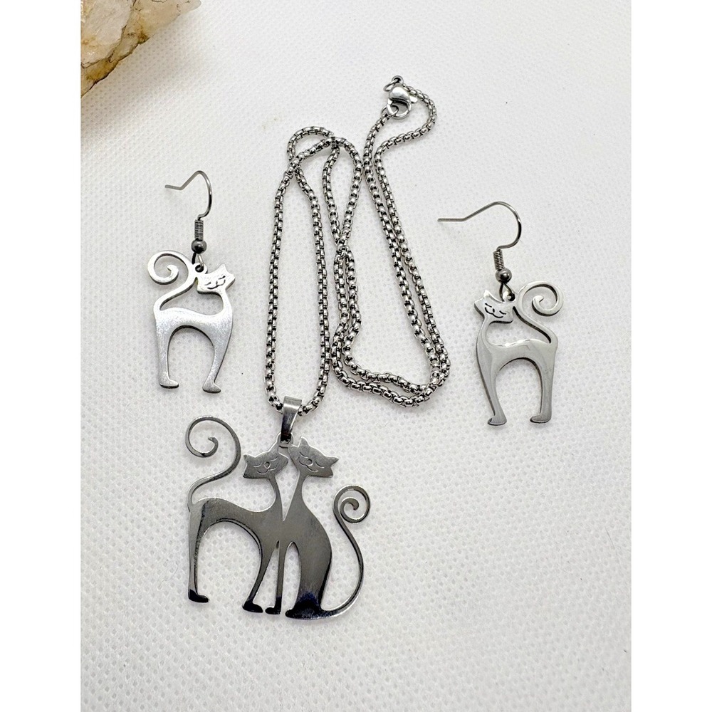 Stainless Steel Cat Necklace & Earrings Set Silver Tone 17.5" Chain Modern